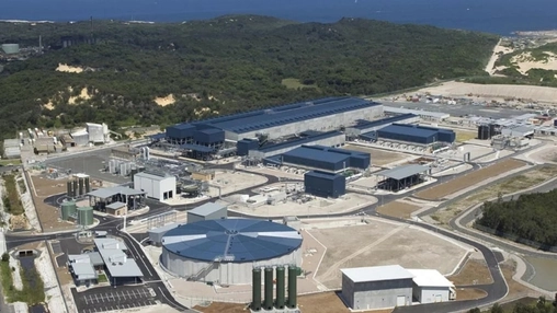Aerial view of a large desalination and water treatment facility