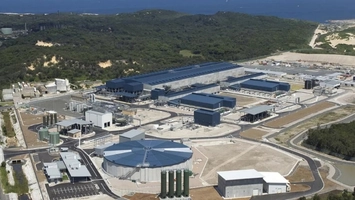 Aerial view of a large desalination and water treatment facility