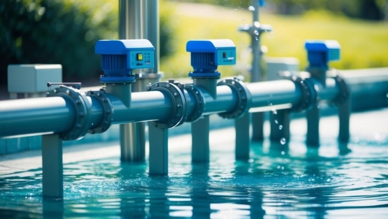 Water pipeline fitted with digital sensors monitoring flow and leaks